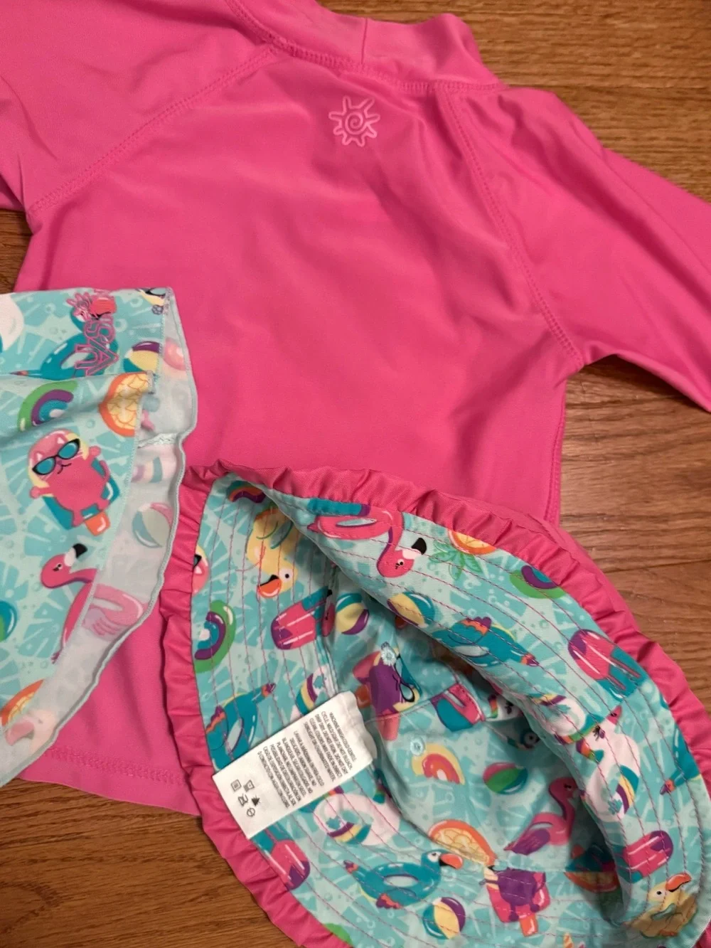 Girls' Pink Rash Guard Swim Set with Tropical Skirt and Hat